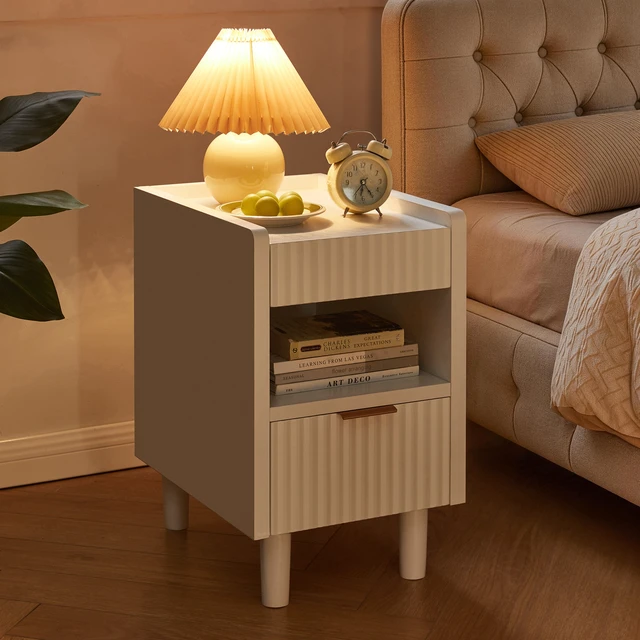 Alt view image 5 of 7 - White Fluted Wood Nightstands with Drawer and Open Storage, 2 Pack Modern Bedroom Bedside Side End Tables for Living Room Home Decor