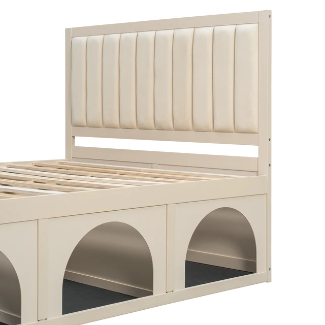Alt view image 4 of 7 - Queen Size Pet-Friendly Platform Bed with Under-Bed Nook, Heavy Duty Bed Frame, Beige