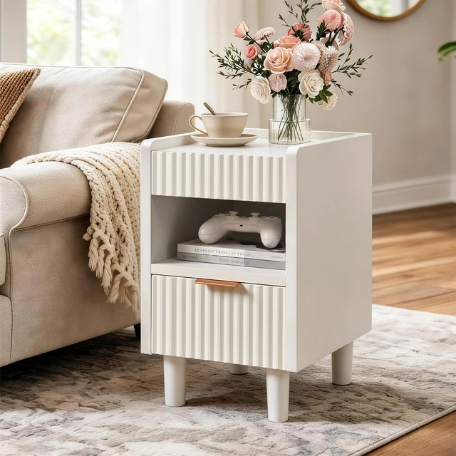 Alt view image 2 of 7 - White Fluted Wood Nightstands with Drawer and Open Storage, 2 Pack Modern Bedroom Bedside Side End Tables for Living Room Home Decor