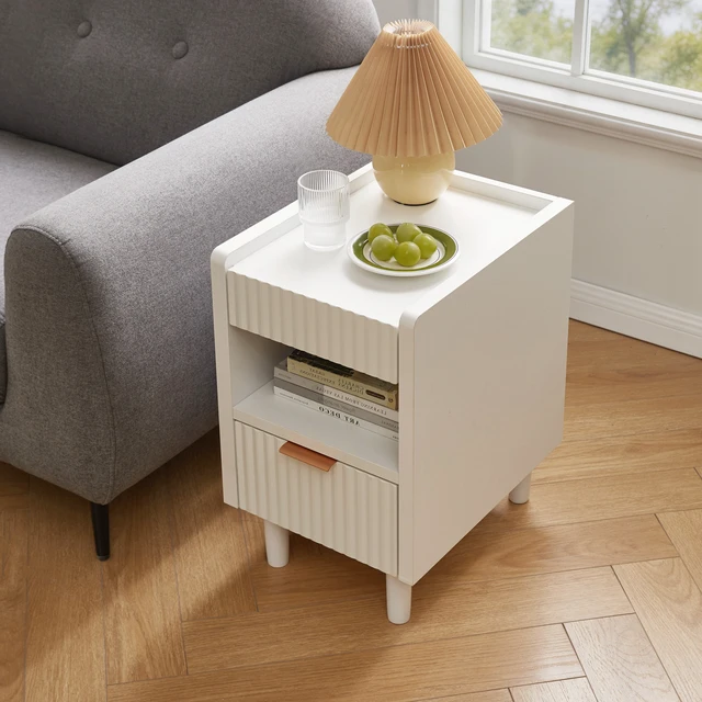 Alt view image 3 of 7 - White Fluted Wood Nightstands with Drawer and Open Storage, 2 Pack Modern Bedroom Bedside Side End Tables for Living Room Home Decor