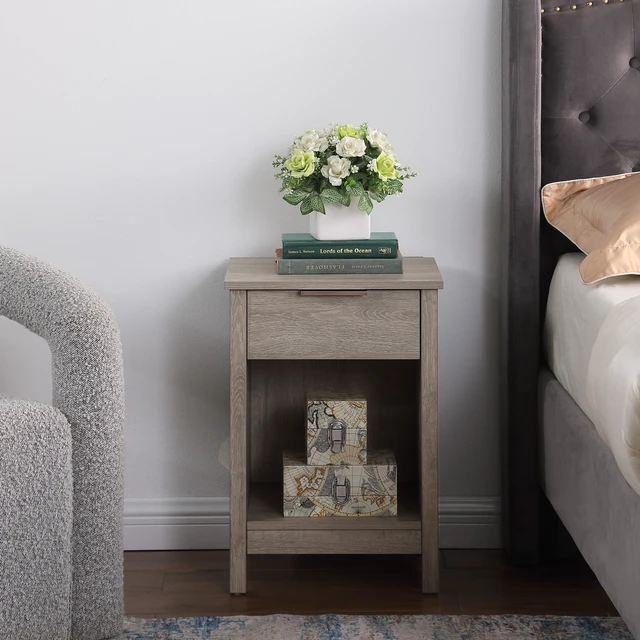 Alt view image 3 of 7 - Nightstand with Drawer,End Table With Drawer and Open Shelf,Easy Assemble,Sturdy Side Frames,Metal Handle,Night Stand for Bedroom, Side Table for LivingRoom,Rustic Grey