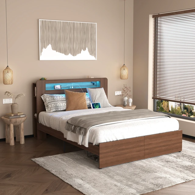 Alt view image 4 of 7 - Bed Frame Full Size, Wood Platform Bed Frame with 2 Storage Drawers,and with Storage LED Light Headboard , Noise Free,No Box Spring Needed and Easy Assembly Tool,Large Under Bed Storage