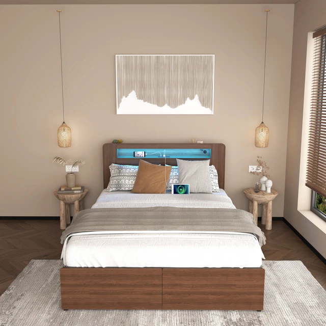 Alt view image 3 of 7 - Bed Frame Full Size, Wood Platform Bed Frame with 2 Storage Drawers,and with Storage LED Light Headboard , Noise Free,No Box Spring Needed and Easy Assembly Tool,Large Under Bed Storage