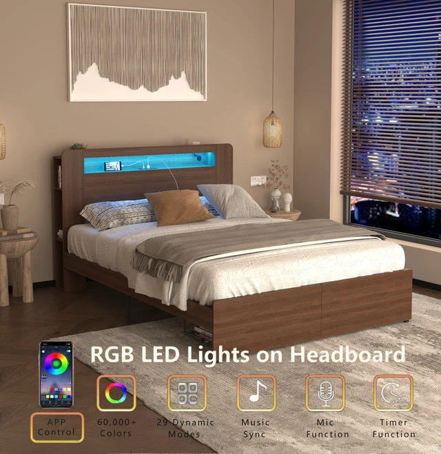 Alt view image 2 of 7 - Bed Frame Full Size, Wood Platform Bed Frame with 2 Storage Drawers,and with Storage LED Light Headboard , Noise Free,No Box Spring Needed and Easy Assembly Tool,Large Under Bed Storage