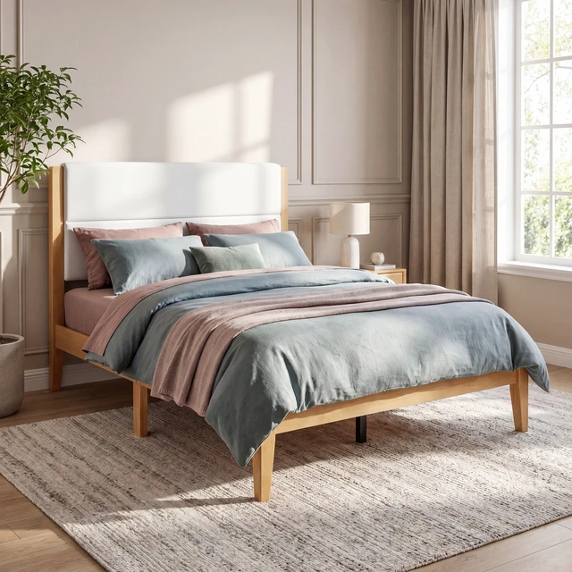 Main image of Mid-Century Modern Platform Bed Frame with Upholstered Headboard, Solid Wood Slat Support, No Box Spring Needed, Easy Assembly, Queen Size, Natural