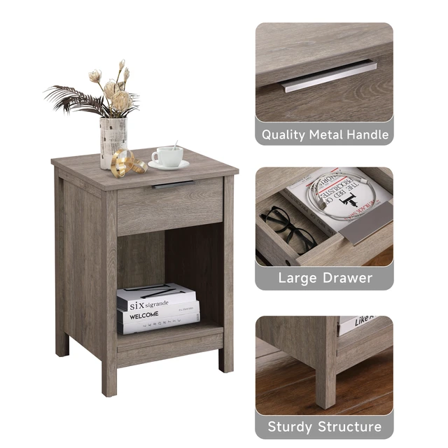 Alt view image 4 of 7 - Nightstand with Drawer,End Table With Drawer and Open Shelf,Easy Assemble,Sturdy Side Frames,Metal Handle,Night Stand for Bedroom, Side Table for LivingRoom,Rustic Grey