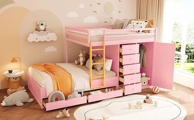 Alt view image 3 of 7 - Full Size Bunk Bed with 2 Large Drawers & 5 Small Drawers, MDF & Solid Wood Construction, Modern Storage Design with Small Wardrobe Sakura Pink