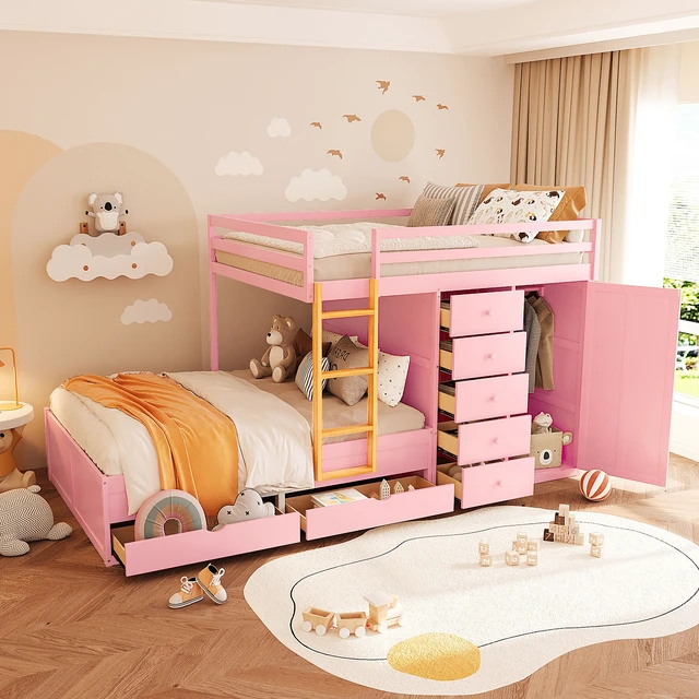 Alt view image 2 of 7 - Full Size Bunk Bed with 2 Large Drawers & 5 Small Drawers, MDF & Solid Wood Construction, Modern Storage Design with Small Wardrobe Sakura Pink