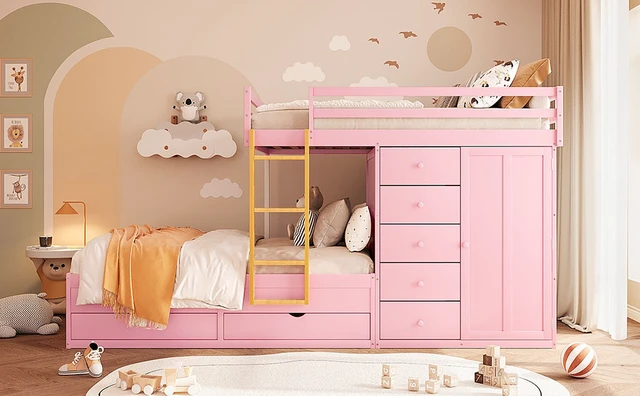 Alt view image 4 of 7 - Full Size Bunk Bed with 2 Large Drawers & 5 Small Drawers, MDF & Solid Wood Construction, Modern Storage Design with Small Wardrobe Sakura Pink