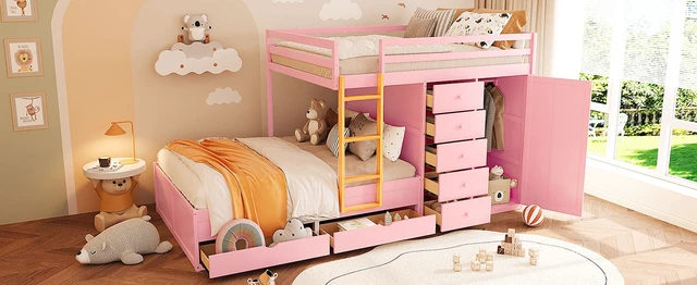 Alt view image 5 of 7 - Full Size Bunk Bed with 2 Large Drawers & 5 Small Drawers, MDF & Solid Wood Construction, Modern Storage Design with Small Wardrobe Sakura Pink