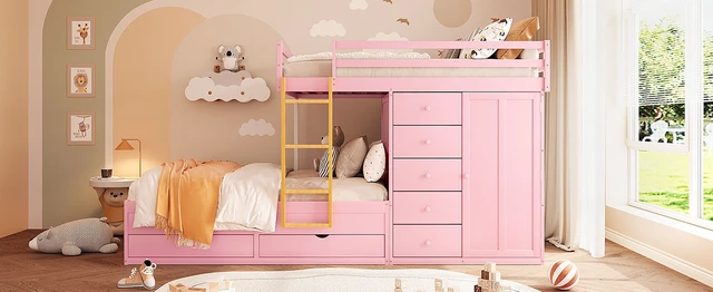 Alt view image 6 of 7 - Full Size Bunk Bed with 2 Large Drawers & 5 Small Drawers, MDF & Solid Wood Construction, Modern Storage Design with Small Wardrobe Sakura Pink