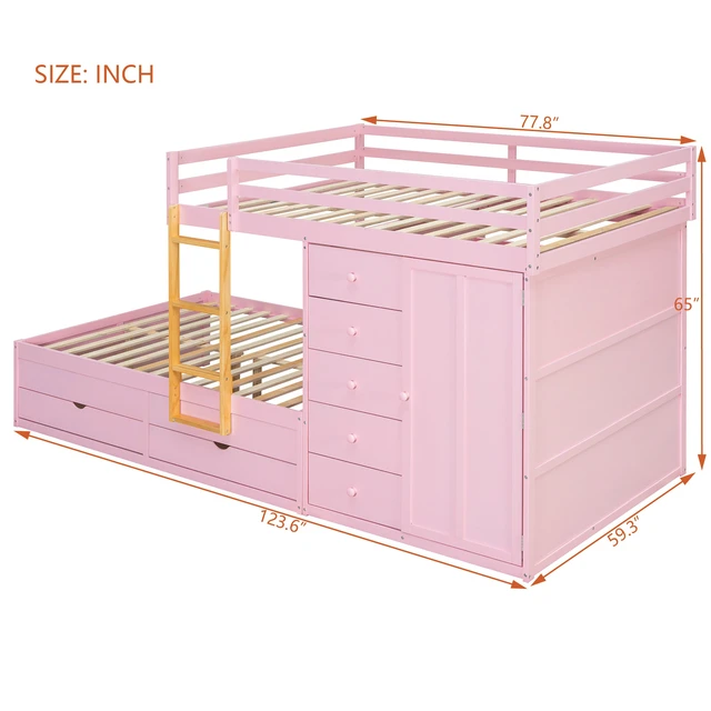 Alt view image 7 of 7 - Full Size Bunk Bed with 2 Large Drawers & 5 Small Drawers, MDF & Solid Wood Construction, Modern Storage Design with Small Wardrobe Sakura Pink