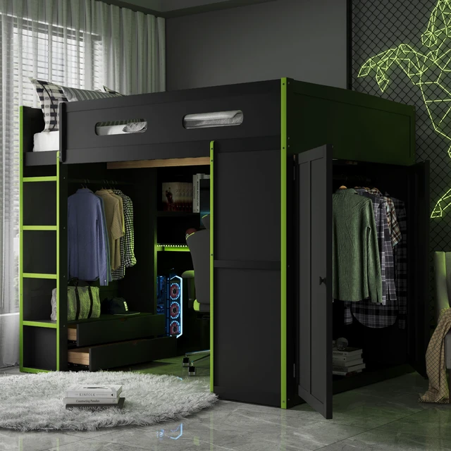 Alt view image 2 of 7 - Full Size Wood Loft Bed with Desk,Wardrobe,Ample Storage Space,and RGB Light, Green