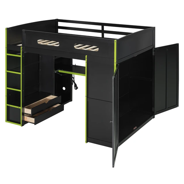 Alt view image 3 of 7 - Full Size Wood Loft Bed with Desk,Wardrobe,Ample Storage Space,and RGB Light, Green