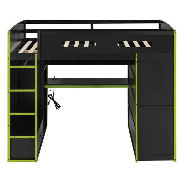 Alt view image 4 of 7 - Full Size Wood Loft Bed with Desk,Wardrobe,Ample Storage Space,and RGB Light, Green