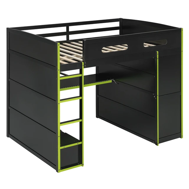 Alt view image 5 of 7 - Full Size Wood Loft Bed with Desk,Wardrobe,Ample Storage Space,and RGB Light, Green