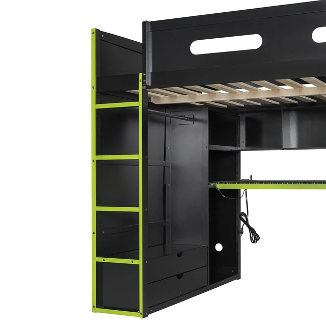 Alt view image 7 of 7 - Full Size Wood Loft Bed with Desk,Wardrobe,Ample Storage Space,and RGB Light, Green