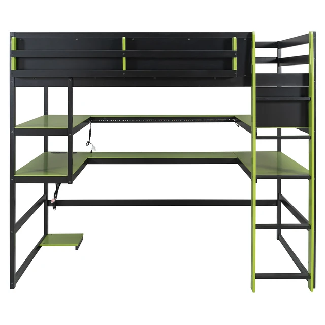 Alt view image 3 of 7 - Full Size Wood Loft Bed with Desk,Side storage rack,Multi-storage Shelves and RGB Light,Green