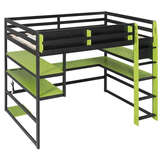 Alt view image 5 of 7 - Full Size Wood Loft Bed with Desk,Side storage rack,Multi-storage Shelves and RGB Light,Green