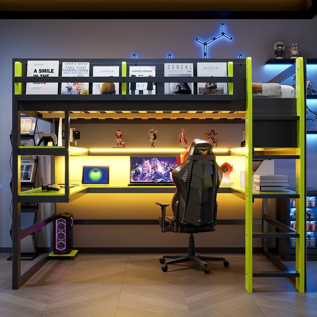 Alt view image 2 of 7 - Full Size Wood Loft Bed with Desk,Side storage rack,Multi-storage Shelves and RGB Light,Green