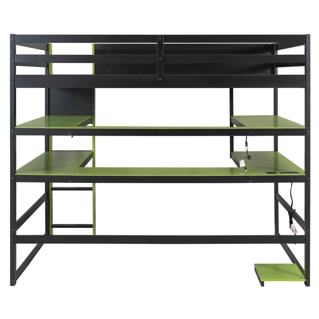Alt view image 4 of 7 - Full Size Wood Loft Bed with Desk,Side storage rack,Multi-storage Shelves and RGB Light,Green