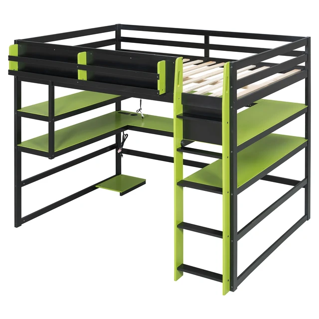 Alt view image 6 of 7 - Full Size Wood Loft Bed with Desk,Side storage rack,Multi-storage Shelves and RGB Light,Green