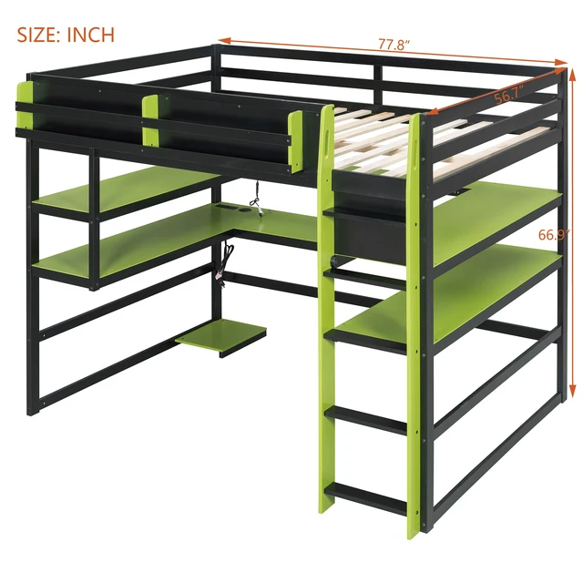 Alt view image 7 of 7 - Full Size Wood Loft Bed with Desk,Side storage rack,Multi-storage Shelves and RGB Light,Green