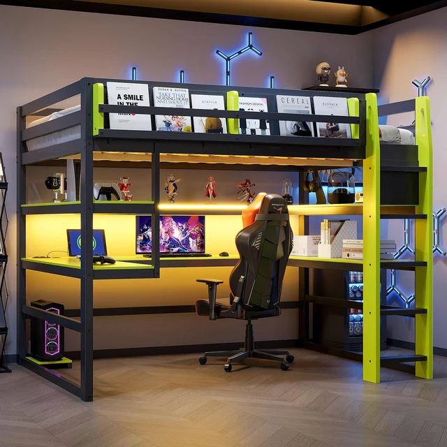 Main image of Full Size Wood Loft Bed with Desk,Side storage rack,Multi-storage Shelves and RGB Light,Green