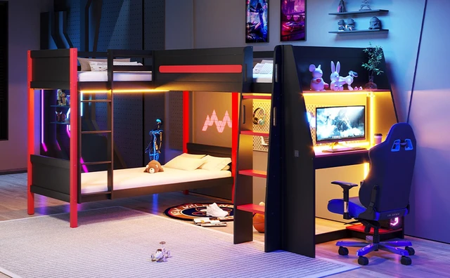 Alt view image 5 of 7 - L-Shaped Twin Size Bunk Bed with Twin Size Gaming Loft Bed, Built-in Desk, Shelves and LED, Black+Red