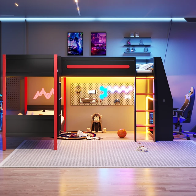 Alt view image 4 of 7 - L-Shaped Twin Size Bunk Bed with Twin Size Gaming Loft Bed, Built-in Desk, Shelves and LED, Black+Red