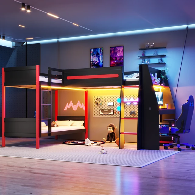 Alt view image 2 of 7 - L-Shaped Twin Size Bunk Bed with Twin Size Gaming Loft Bed, Built-in Desk, Shelves and LED, Black+Red