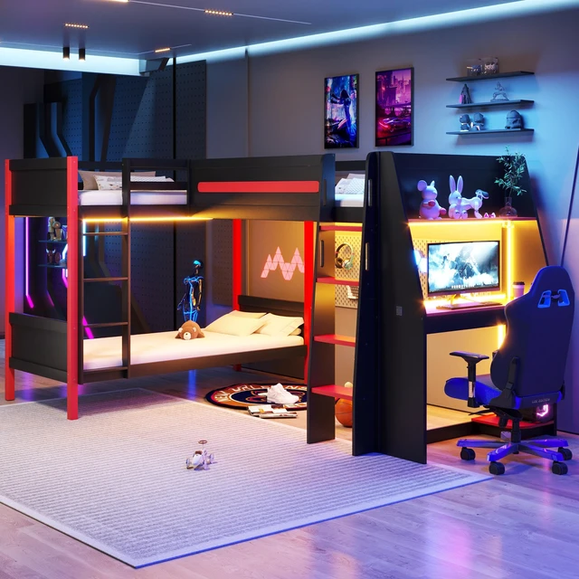Main image of L-Shaped Twin Size Bunk Bed with Twin Size Gaming Loft Bed, Built-in Desk, Shelves and LED, Black+Red