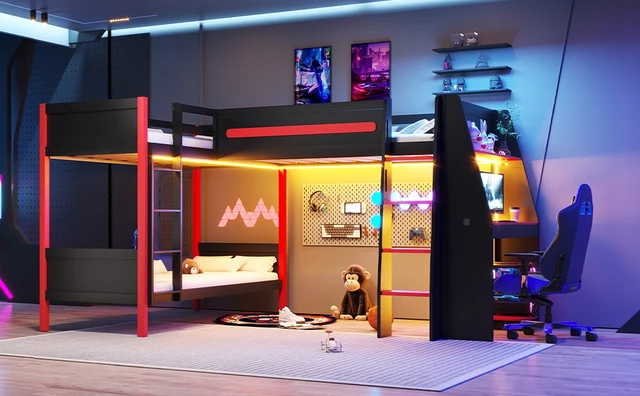 Alt view image 6 of 7 - L-Shaped Twin Size Bunk Bed with Twin Size Gaming Loft Bed, Built-in Desk, Shelves and LED, Black+Red
