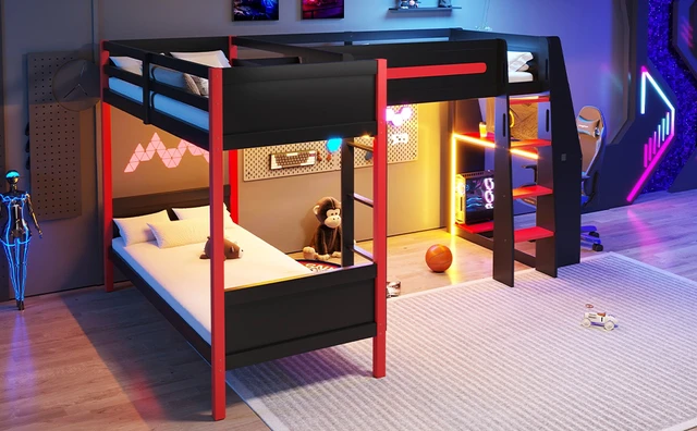 Alt view image 7 of 7 - L-Shaped Twin Size Bunk Bed with Twin Size Gaming Loft Bed, Built-in Desk, Shelves and LED, Black+Red