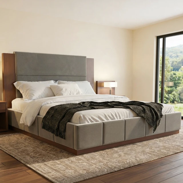 Alt view image 2 of 7 - Upholstered Platform Bed Frame with Extended Wood Headboard, Modern Bed with Wood Base, No Box Spring Needed, King Size, Grey Velet