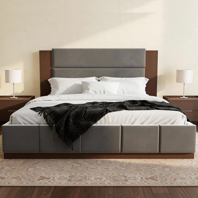 Main image of Upholstered Platform Bed Frame with Extended Wood Headboard, Modern Bed with Wood Base, No Box Spring Needed, King Size, Grey Velet