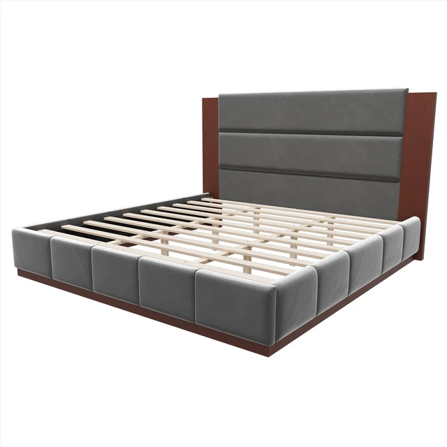 Alt view image 5 of 7 - Upholstered Platform Bed Frame with Extended Wood Headboard, Modern Bed with Wood Base, No Box Spring Needed, King Size, Grey Velet