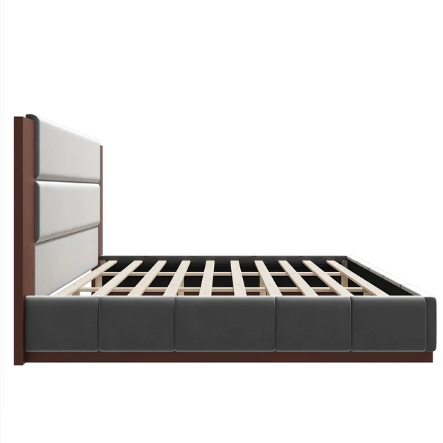 Alt view image 7 of 7 - Upholstered Platform Bed Frame with Extended Wood Headboard, Modern Bed with Wood Base, No Box Spring Needed, King Size, Grey Velet