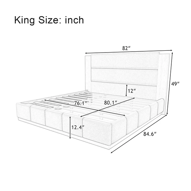 Alt view image 4 of 7 - Upholstered Platform Bed Frame with Extended Wood Headboard, Modern Bed with Wood Base, No Box Spring Needed, King Size, Grey Velet