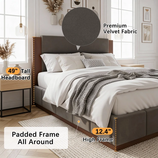 Alt view image 3 of 7 - Upholstered Platform Bed Frame with Extended Wood Headboard, Modern Bed with Wood Base, No Box Spring Needed, King Size, Grey Velet