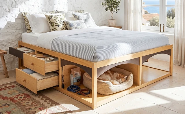Alt view image 2 of 7 - King Bed Frame with Storage Drawers, No Headboard Platform Bed with Light, Pet-Friendly Design, No Box Spring Needed, Modern Minimalist Style-Natural