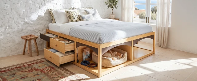 Alt view image 3 of 7 - King Bed Frame with Storage Drawers, No Headboard Platform Bed with Light, Pet-Friendly Design, No Box Spring Needed, Modern Minimalist Style-Natural