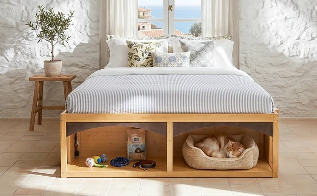 Alt view image 5 of 7 - King Bed Frame with Storage Drawers, No Headboard Platform Bed with Light, Pet-Friendly Design, No Box Spring Needed, Modern Minimalist Style-Natural