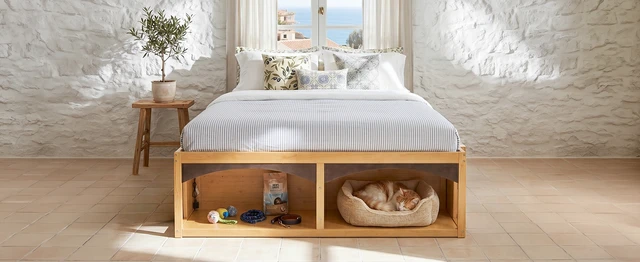Alt view image 6 of 7 - King Bed Frame with Storage Drawers, No Headboard Platform Bed with Light, Pet-Friendly Design, No Box Spring Needed, Modern Minimalist Style-Natural