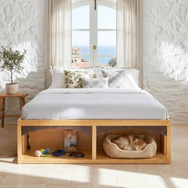 Alt view image 4 of 7 - King Bed Frame with Storage Drawers, No Headboard Platform Bed with Light, Pet-Friendly Design, No Box Spring Needed, Modern Minimalist Style-Natural