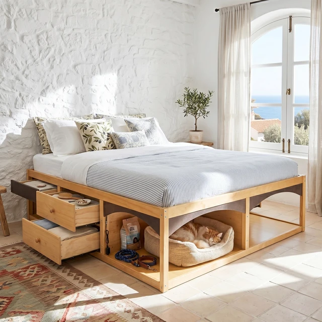 Main image of King Bed Frame with Storage Drawers, No Headboard Platform Bed with Light, Pet-Friendly Design, No Box Spring Needed, Modern Minimalist Style-Natural