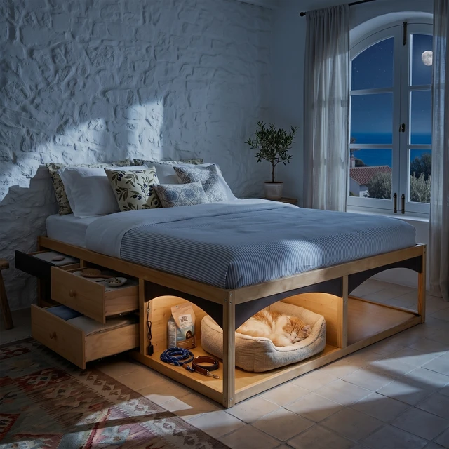 Alt view image 7 of 7 - King Bed Frame with Storage Drawers, No Headboard Platform Bed with Light, Pet-Friendly Design, No Box Spring Needed, Modern Minimalist Style-Natural