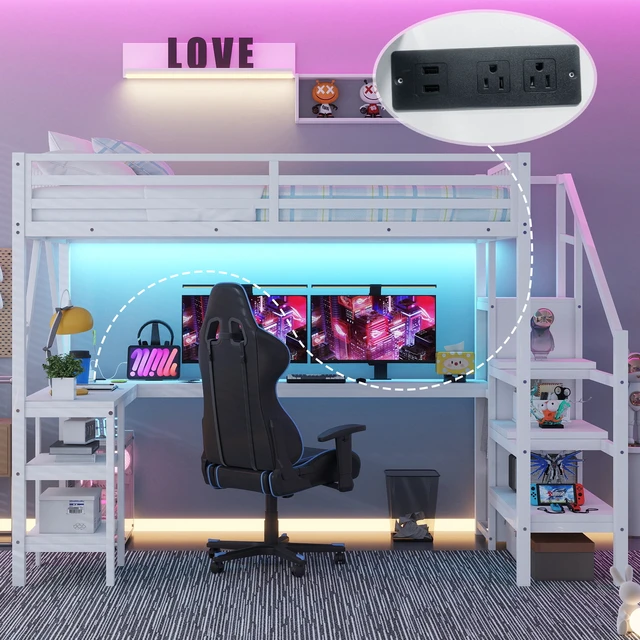 Alt view image 2 of 7 - Metal Full Loft Bed with Wardrobe and LED Light, Full Size Loft Bed with L Shaped Desk and USB for Kids Teens Adults, White