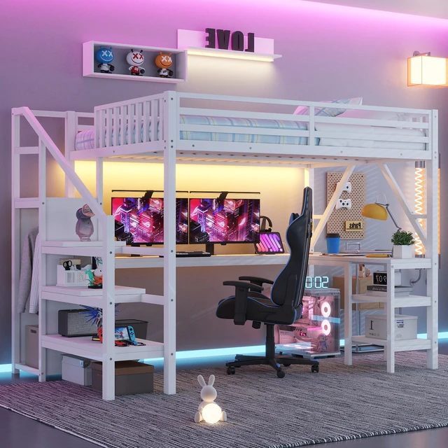 Alt view image 3 of 7 - Metal Full Loft Bed with Wardrobe and LED Light, Full Size Loft Bed with L Shaped Desk and USB for Kids Teens Adults, White