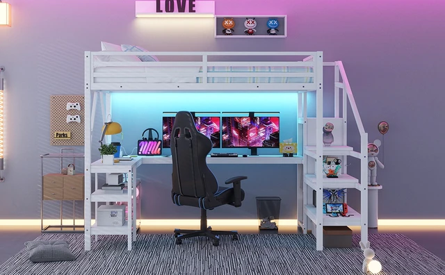 Alt view image 6 of 7 - Metal Full Loft Bed with Wardrobe and LED Light, Full Size Loft Bed with L Shaped Desk and USB for Kids Teens Adults, White